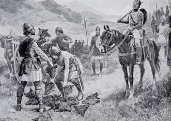 Los galeses pagando un tributo de cabezas de lobos a Edgar, ilustración de 